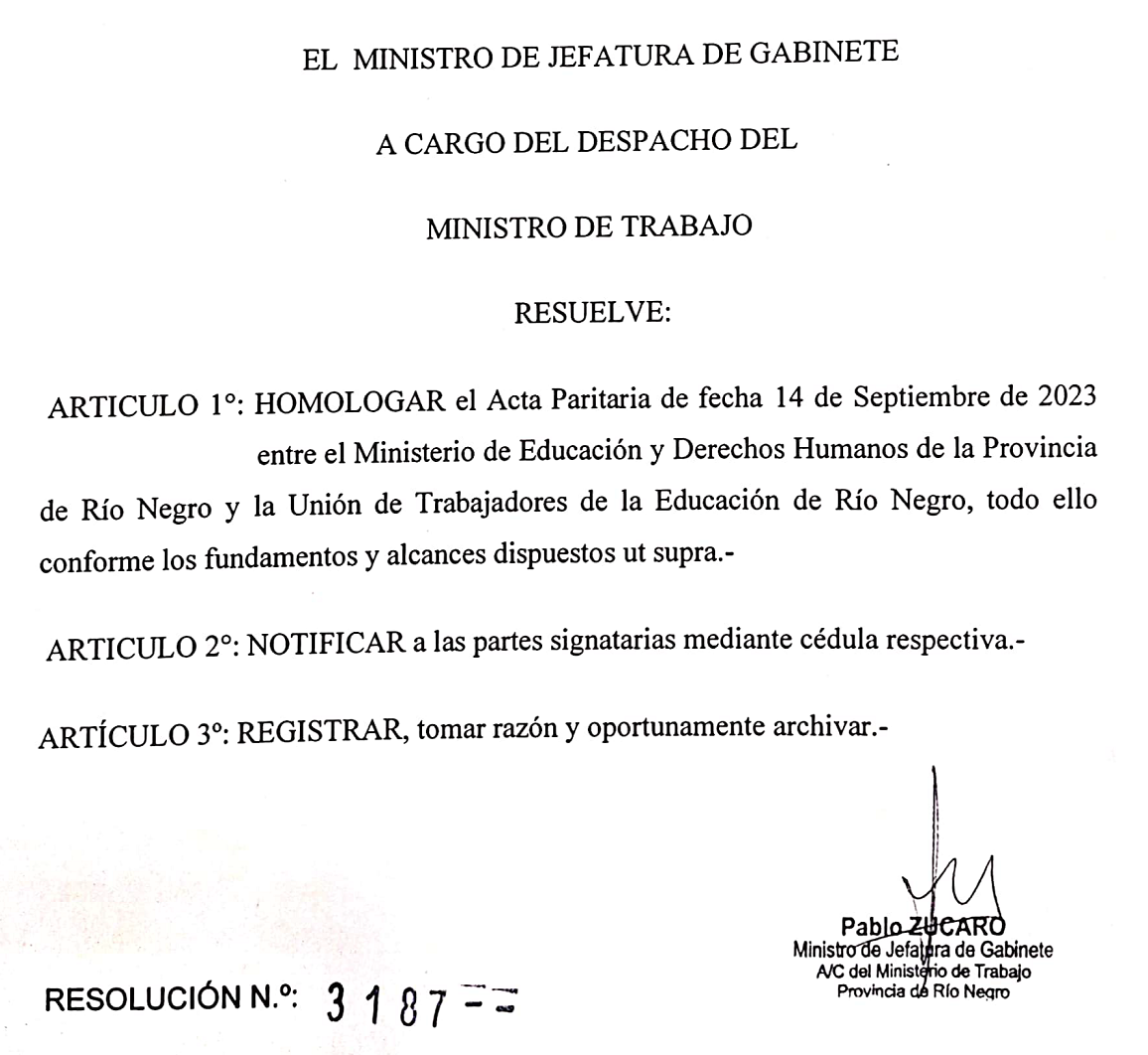 Río Negro homologó el acta paritaria del 14 de septiembre
