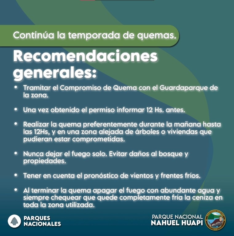 Continúa habilitada la temporada de quema dentro del Parque Nacional Nahuel Huapi