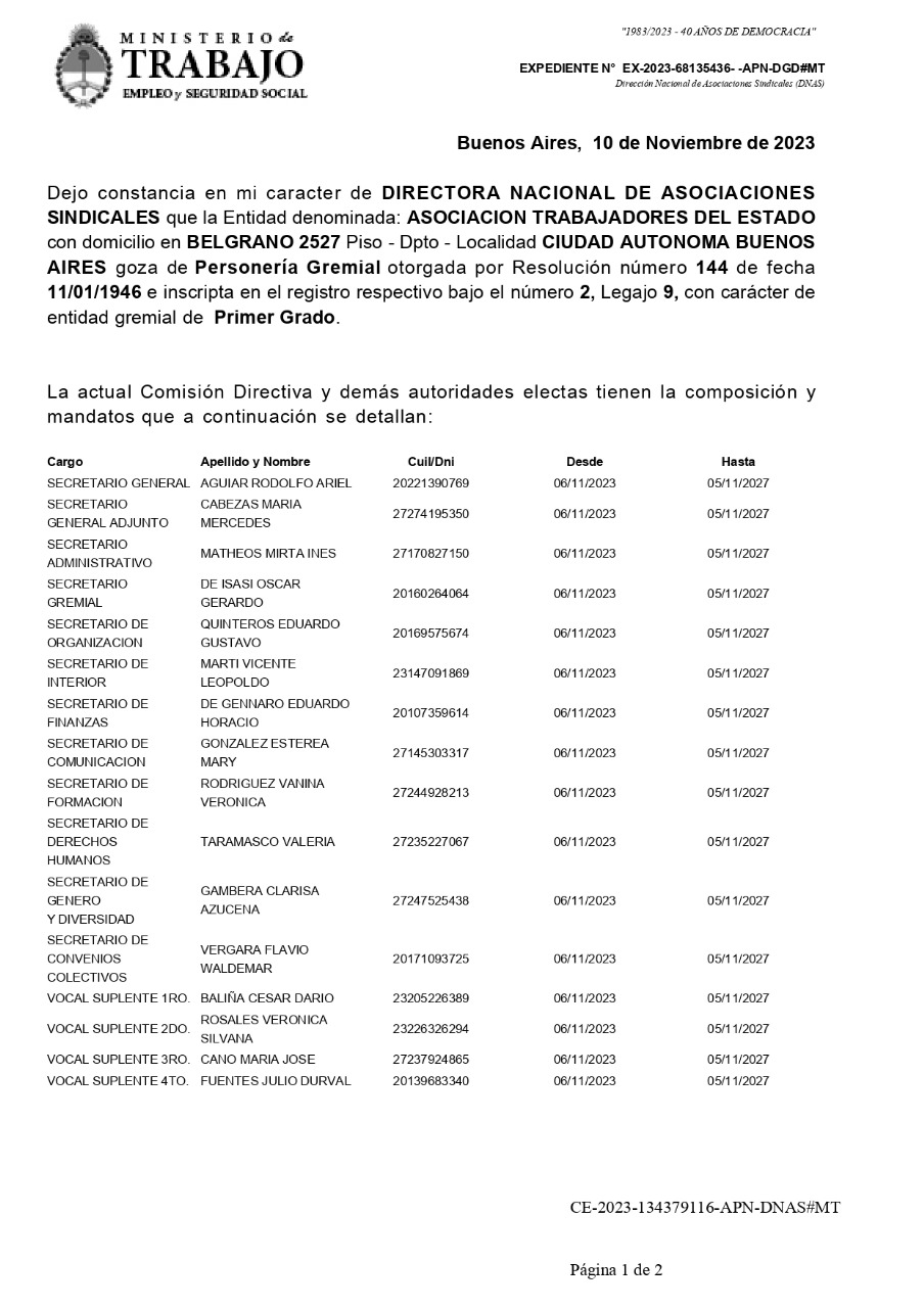 El Ministerio de Trabajo de la Nación otorgó la certificación de autoridades a ATE