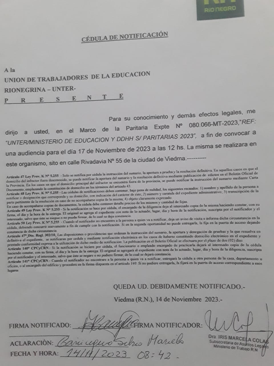 UnTER: Convocatoria a paritaria para el viernes 17 de noviembre