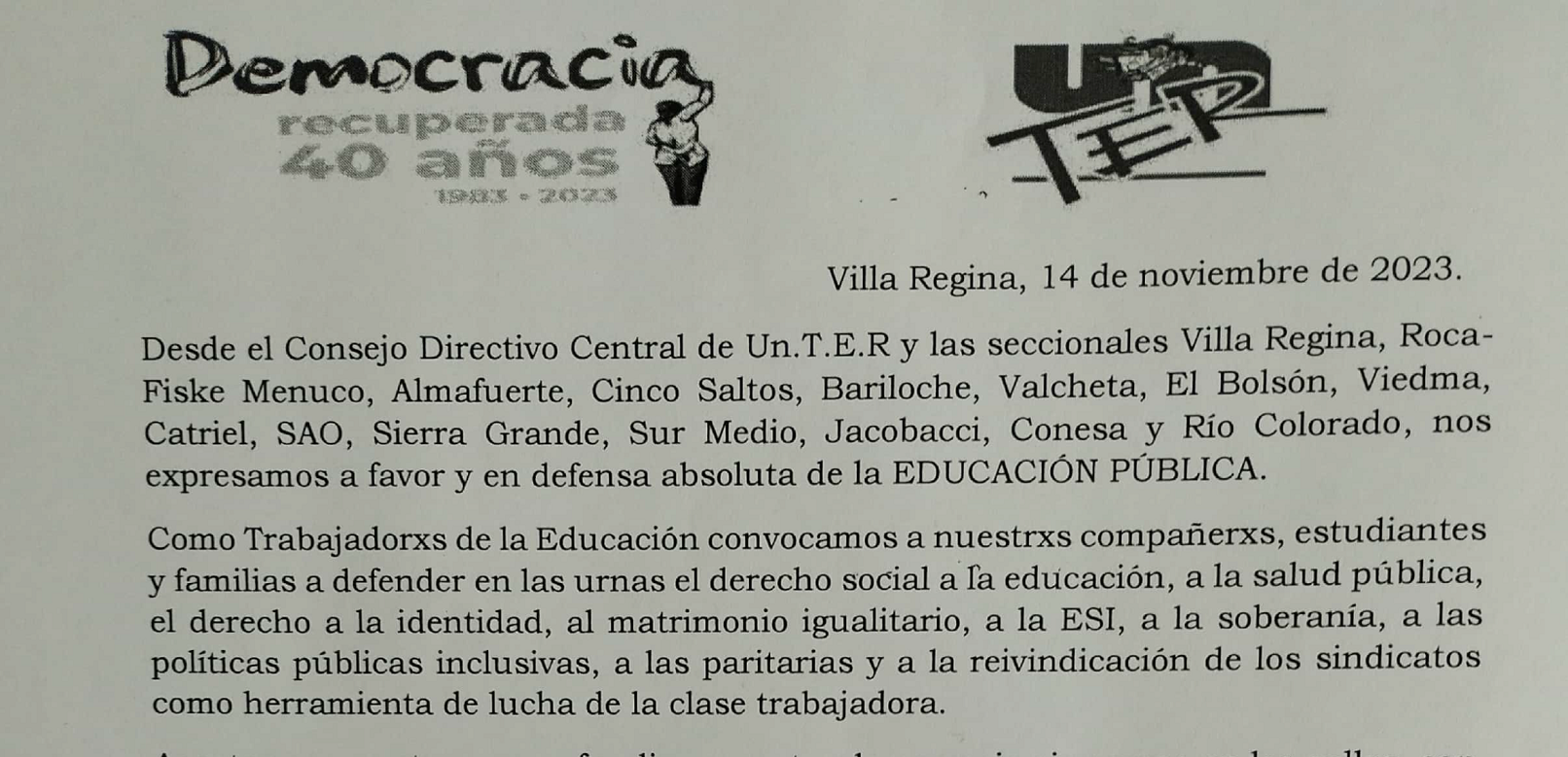 UnTER apuesta a sostener y profundizar la democracia, en defensa de la Educación Pública