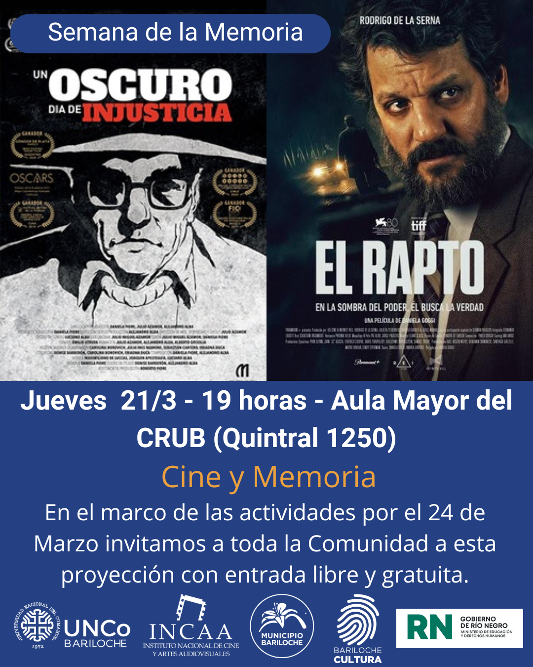 Cine y Memoria: Se proyectarán películas nacionales en la UNCo Bariloche