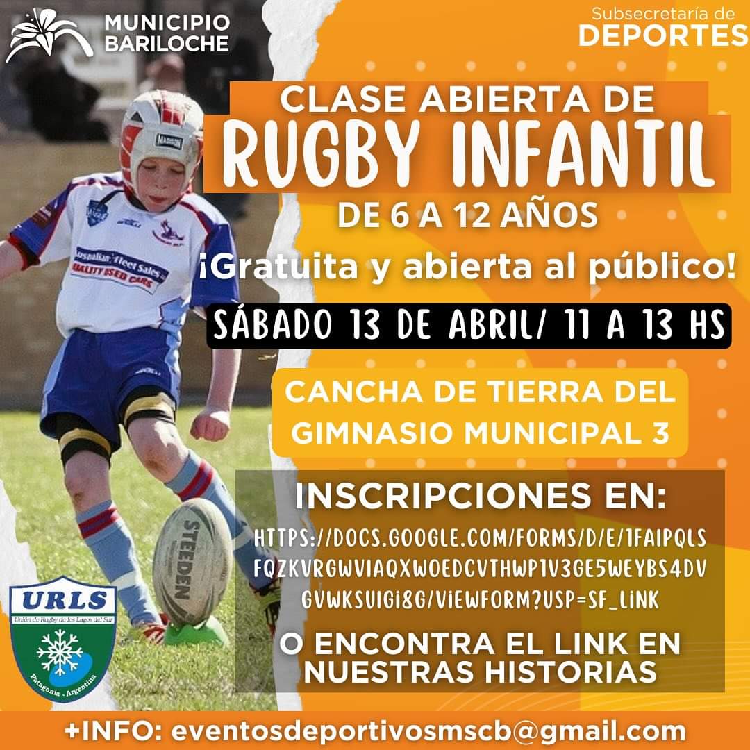 Todos invitados a la clase abierta de rugby infantil este sábado en Bariloche