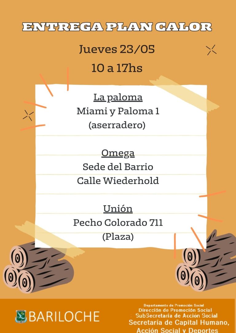 Bariloche: Cronograma de entrega del Plan Calor para este jueves 23 en La Paloma, Omega y Unión