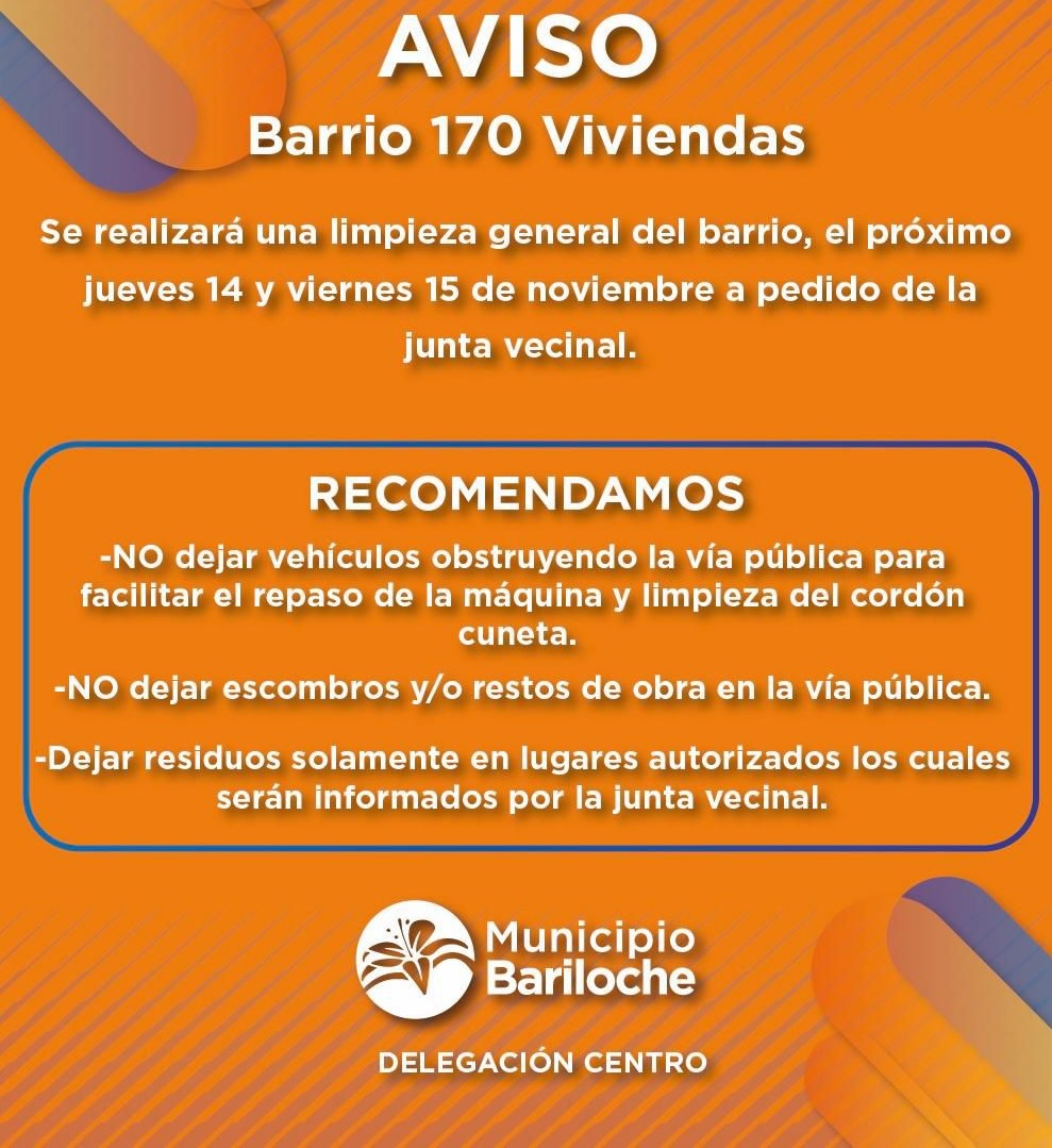 Bariloche: Durante jueves y viernes Delegación Centro realizará una limpieza general en el barrio 170 Viviendas