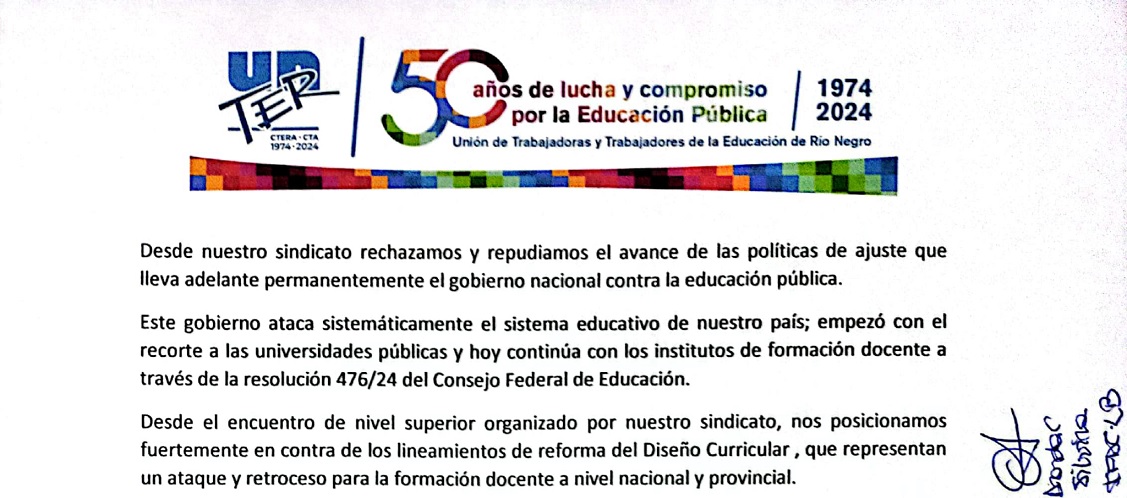 UnTER rechaza la reforma estructural del gobierno nacional sobre el sistema formador docente 