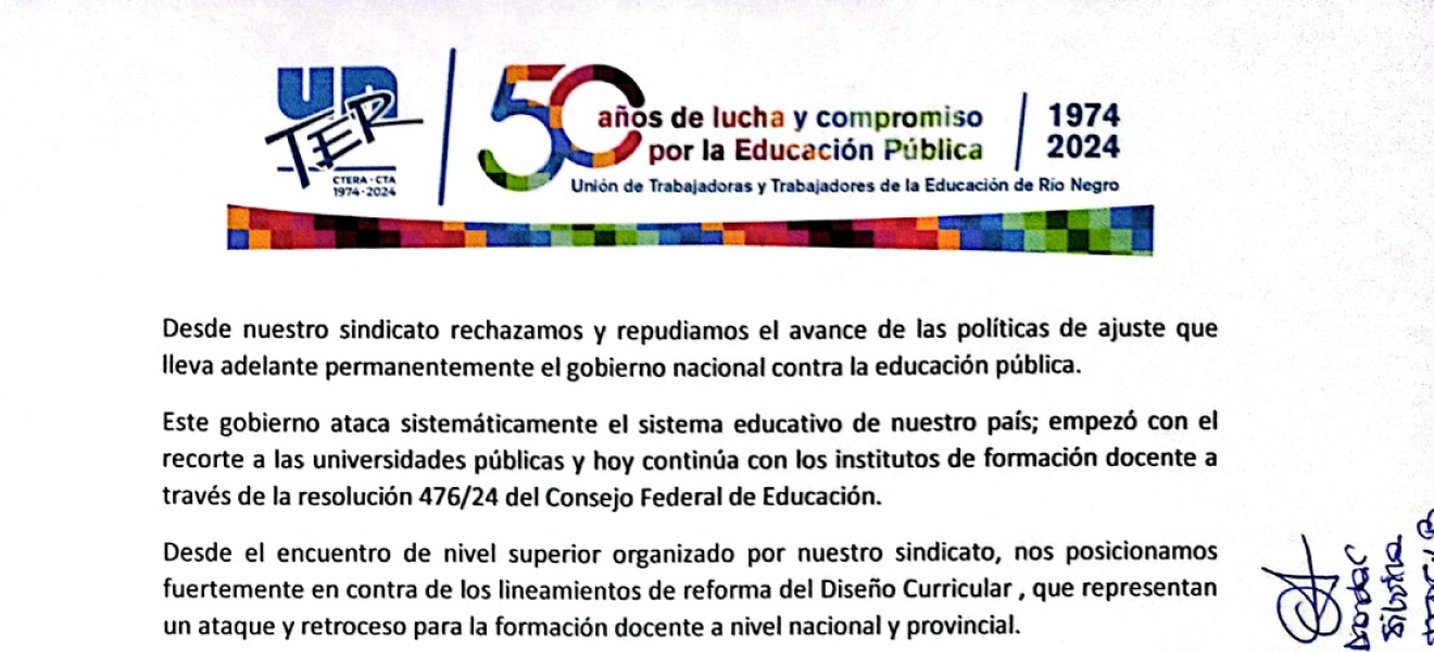 UnTER rechaza la reforma estructural del gobierno nacional sobre el sistema formador docente 