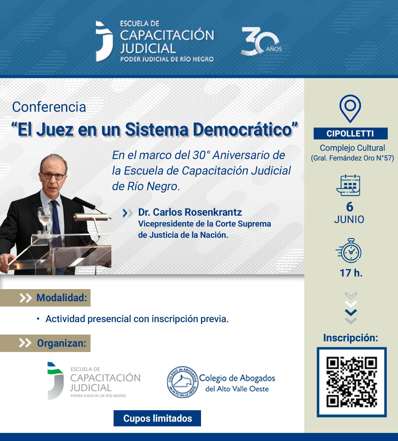 Carlos Rosenkrantz en el 30° aniversario de la Escuela de Capacitación Judicial de Río Negro