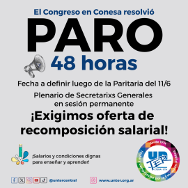 UnTER resolvió 48hs de paro si Río Negro no hace una propuesta salarial en la próxima paritaria