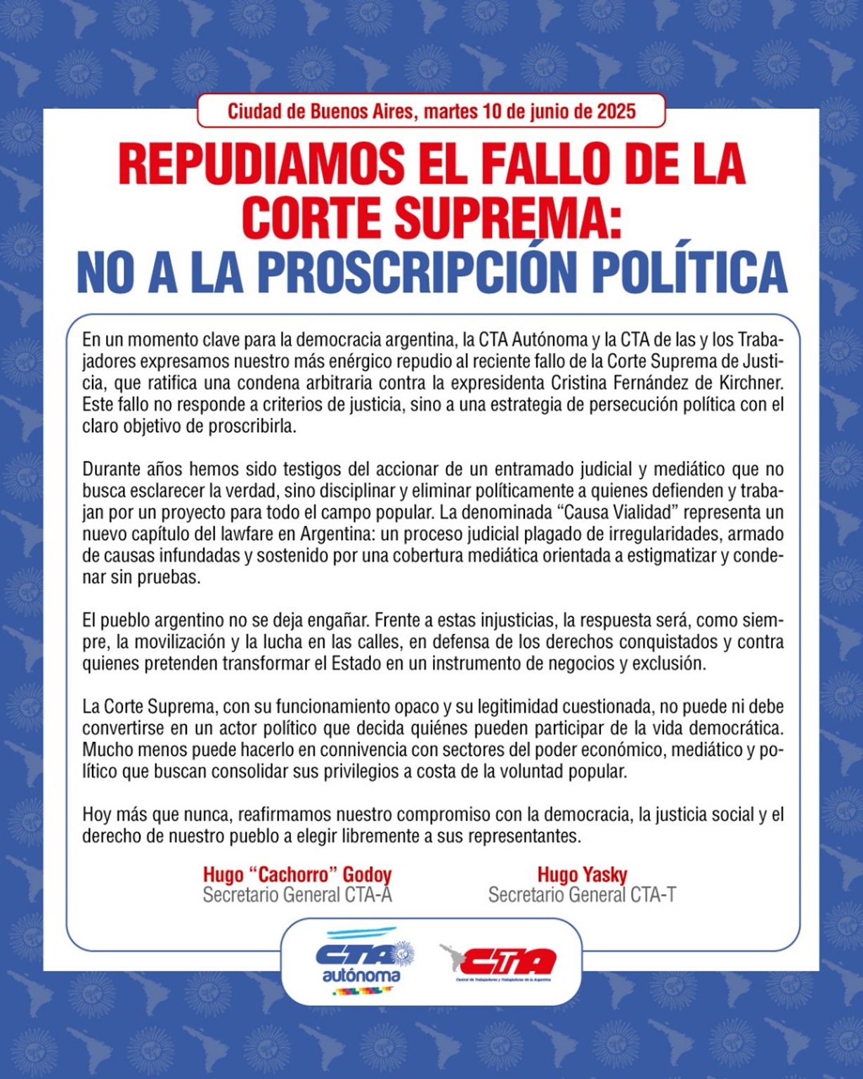 Las dos CTA repudian el fallo de la Corte Suprema: No a la proscripción política